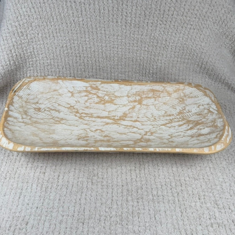 Rustic Hand Carved Wood Dough Bowl White Wash Farmhouse Centerpiece 20in Mexico